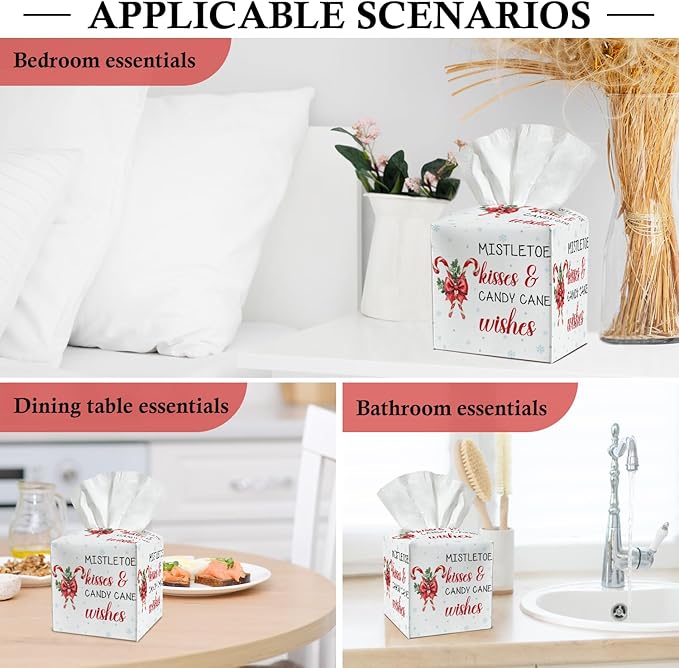 Christmas Candy Cane Tissue Box Cover, Leather Tissue Holders Decorative for Home Office Kitchen Bathroom Organizer, Square Facial Paper Organizer Christmas Home Decor -042