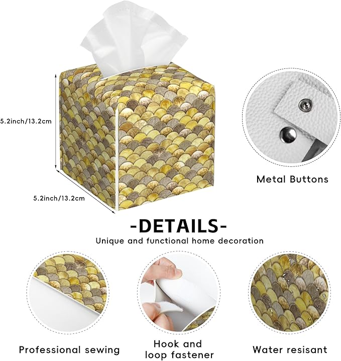 Golden Mermaid Scale Tissue Box Holder,Cube Tissue Box Cover Holder,Leather Facial Paper Organizer Dispenser Home for Bedroom Night Stands,Kitchen,Office and Car,5.2"×5.2"×5.2"