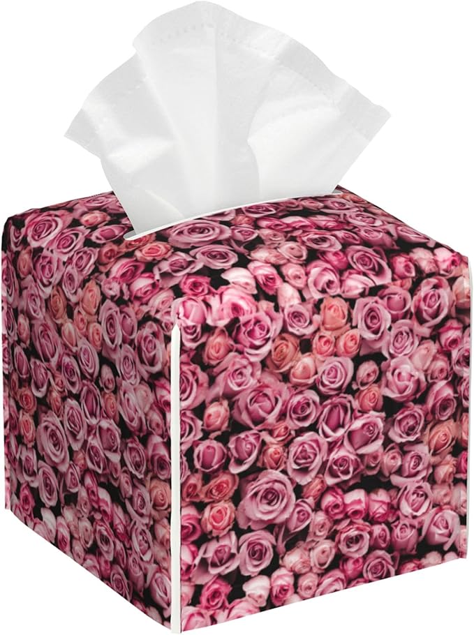 POIUBLE Pink Rose Flower Tissue Box Cover Leather Tissue Box Holder Square Facial Paper Organizer Dispenser for Bathroom Kitchen Bedroom Vanity Countertop Night Stands
