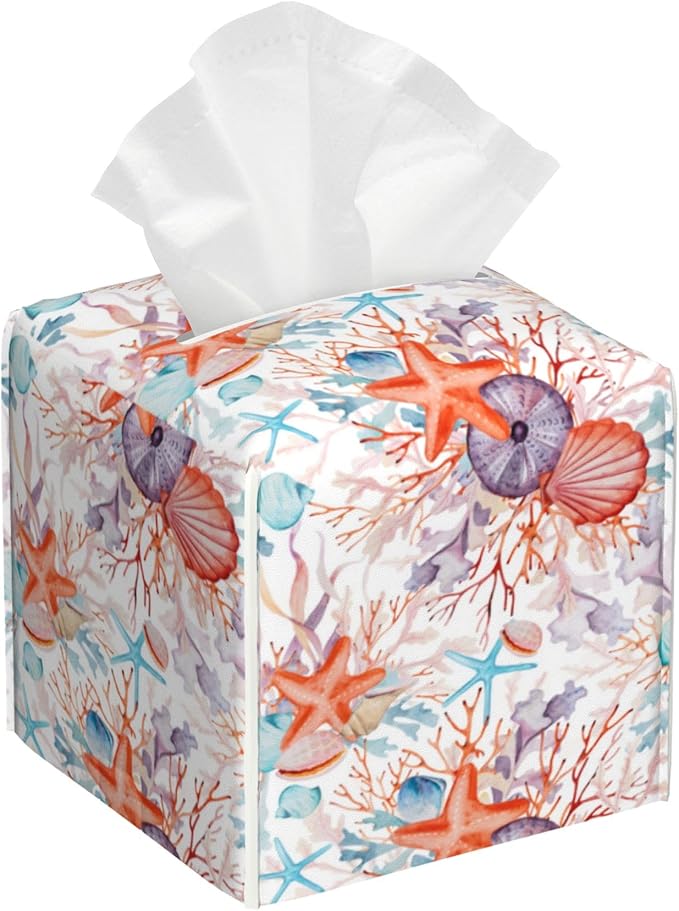OHEGBXE Watercolor Seashell Tissue Box Holder Corals and Starfishes Square Leather Tissue Box Cover Modern Cube Facial Paper Cover Case for Bathroom Vanity Countertop Night Stands Tabletop