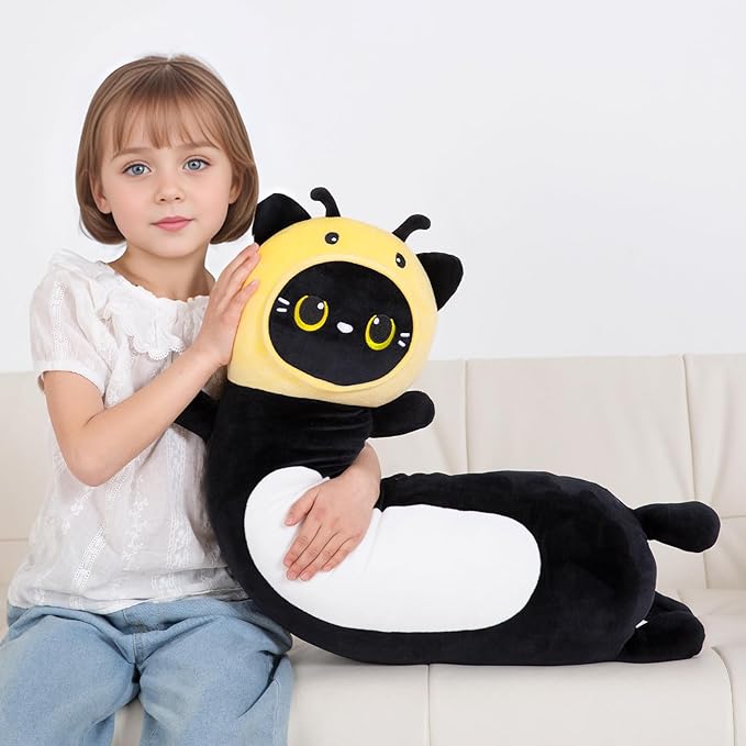 HAIJUNYA 36 inch Bee Black Cat Long Plush Body Pillow Toy, Kitten Plushies with Stuffy Honeybee Oufit Big Stuffed Animals Gfit for Kids Boys Girls, Birthday, Halloween, Christmas