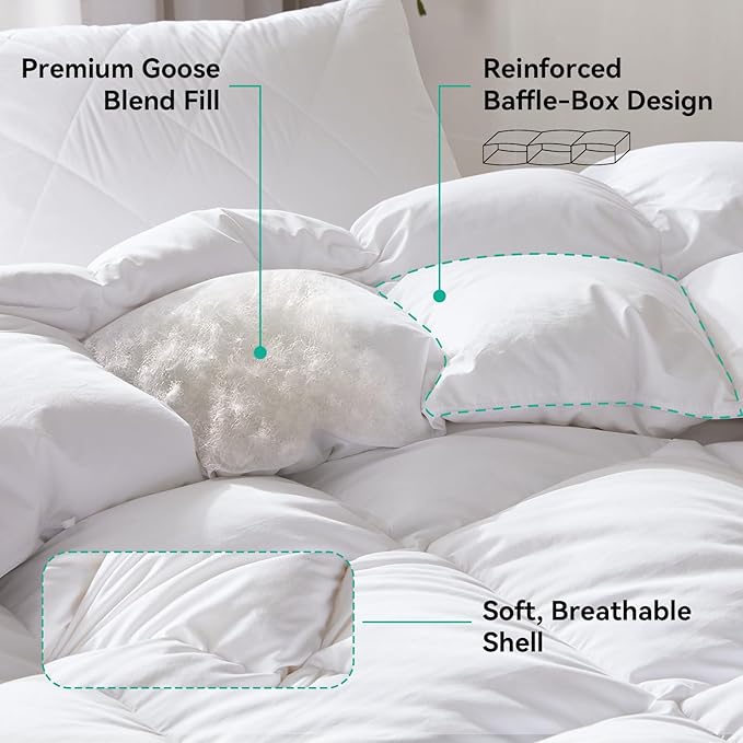 Three Geese Oversized King Size Goose Feather Down Fiber Comforter - Ultra Soft All-Season Down Duvet Insert Fluffy Baffle Box Design with 8 Corner Loops for Warmth and Softness.