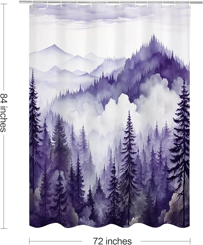 Litabel Purple Extra Long Misty Pine Forest Shower Curtain 72 x 84, XL Mountain Foggy Woodland Scenery Tree Shower Curtains for Bathroom, Abstract Waterproof Nature-Themed Decor