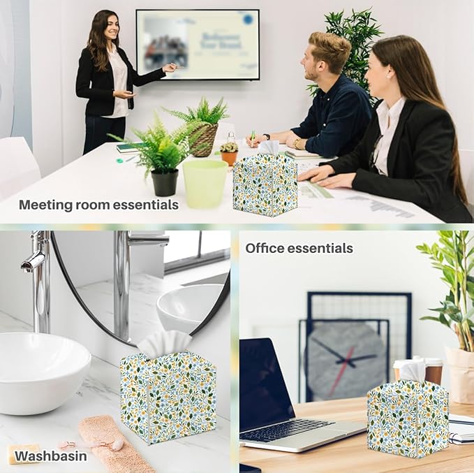 Tissue Box Cover, Tissue Box Holder, Square with Belt Bottom, PU Leather Decorative Organizer for Desk, Tabletop, Countertop Bathroom, Toilet Car, Office, Dresser Bedside, Aesthetic Plant Flower Decor