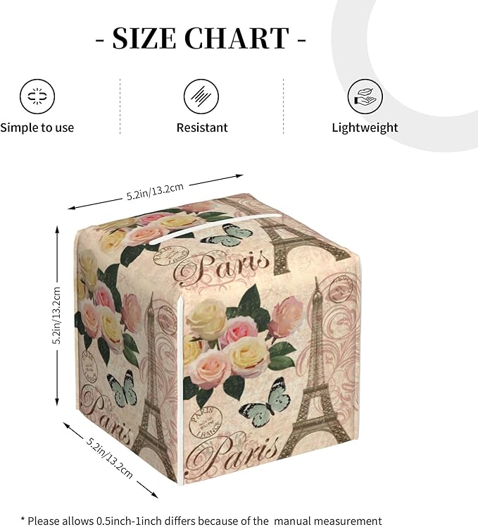 POIUBLE Vintage Paris with Rose Tissue Box Cover Leather Tissue Box Holder Square Facial Paper Organizer Dispenser for Bathroom Kitchen Bedroom Vanity Countertop Night Stands