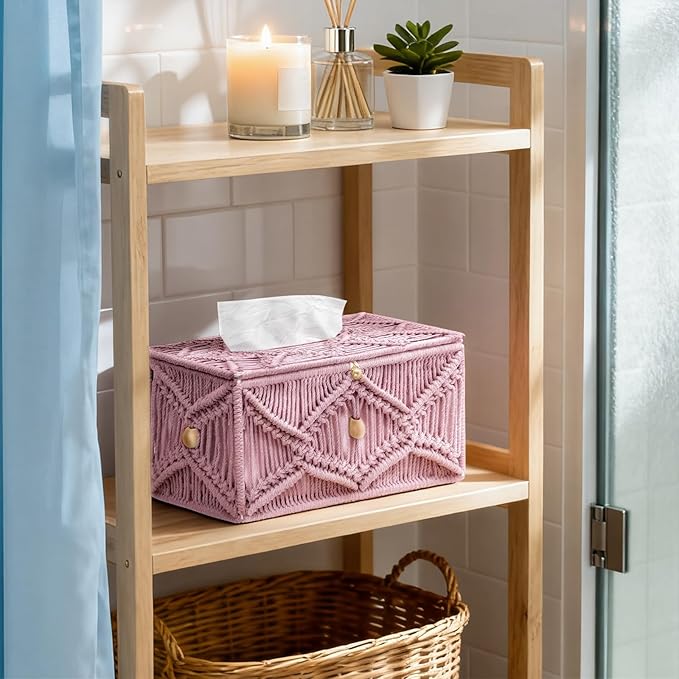 KaloKalo Handmade Tissue Box Cover Rectangle Decorative Macrame Boho Tissue Holder Cotton Rope Woven Napkin Facial Paper Organizer Bohemian Desk Storage Container with Buckle Wood Beads (Pink)