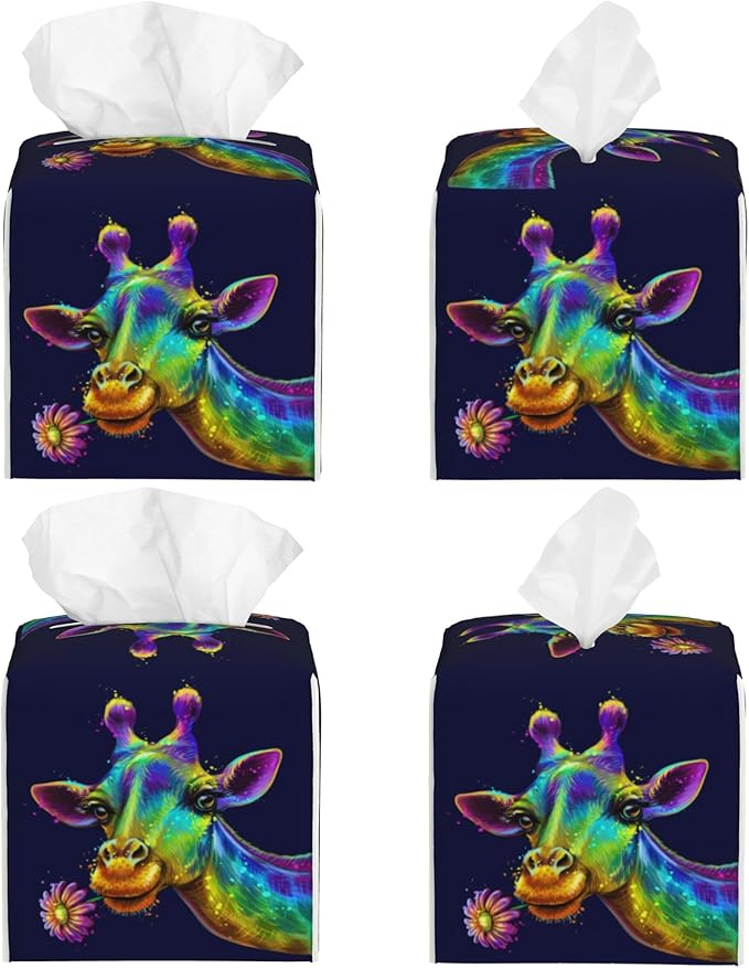 POIUBLE Leather Tissue Box Holder Colorful Giraffe Tissue Box Cover Square Waterproof Tissue Holder Organizer Modern Napkin Holder for Bedroom Dresser Night Stand Office Desk