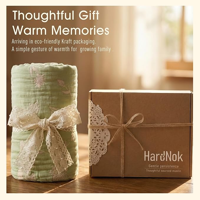 HardNok Ultra Soft Muslin Baby Blanket - Made with Organic Cotton, Earthy Botanicals Jacquard Swaddle & Crib Quilt, 43x43 (Sage Green Floral)