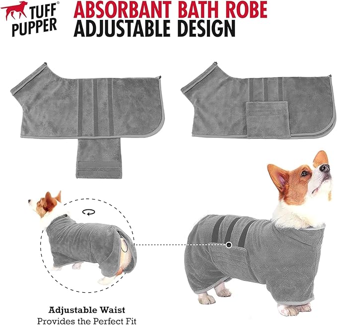 Tuff Pupper Fast Drying Dog Bath Robe | 800 GSM Plush Dog Towel Bathrobe/Dressing Gown | Super Absorbent Pet/Puppy Bathrobe | Adjustable Hood & Belly Strap | Super Soft | Fast Drying (Giant, Gray)