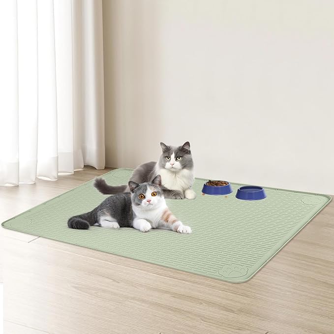 Bartuke Cat Food Mat, 34" x 22" Large Silicone Pet Feeding Mat for Food and Water Bowls Non-Slip, Easy to Clean (Light Green)
