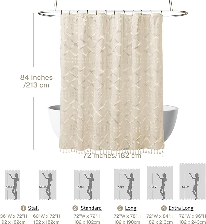 Siiluminisoy Extra Long Boho Farmhouse Shower Curtain - Woven Fabric Cream/Beige 84 Inch, 72 x 84 Tufted Chevron Textured Striped Modern Minimalist Cloth for Bathroom