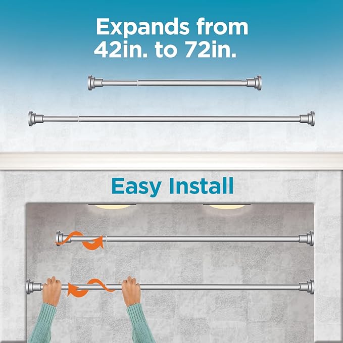 BLACK+DECKER Tension Shower Curtain Rod 42-72 Inch – Drill-Free Adjustable Curtain Rod, Rust-Resistant Stainless Steel Tension Curtain Rod for Shower, Bathroom, Window, Closet – 35 lb Capacity