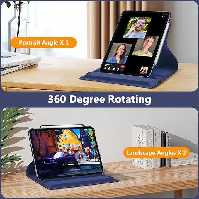 Fintie Rotating Case for iPad Air 13-inch (M3) 2025, (M2) 2024-360 Degree Swiveling Protective Stand Cover with Pencil Holder, Auto Wake/Sleep, Navy