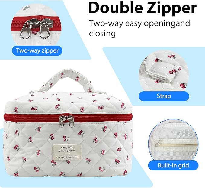 Cozomga Quilted Makeup Bag, Large Capacity Travel Cosmetic Bag for Women and Girls, Aesthetic Storage for Daily and Travel Use (Bigcherry Quilted)