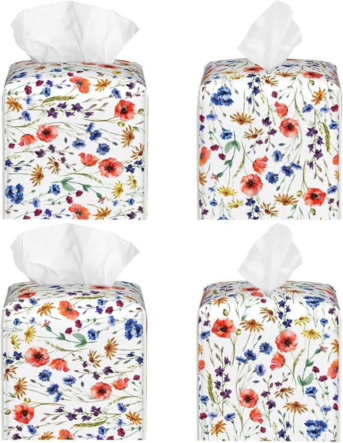 PVC Tissue Box Cover Holder,Watercolor Flower Square Decorative Organizer,5.2"X5.2"X5.2" Tissue Case for Bathroom,Tabletop,Car,Office