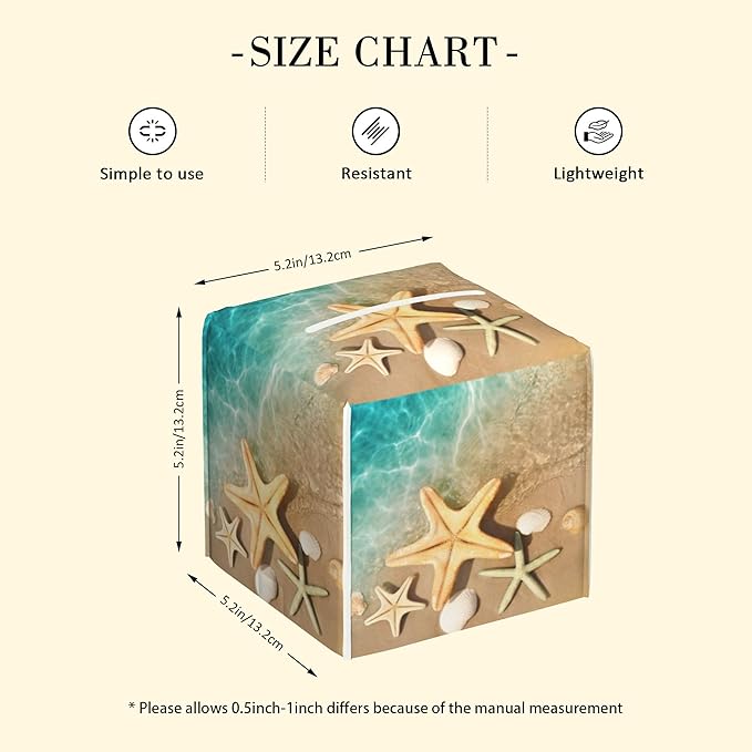 POIUBLE Beach Theme Tissue Box Holder Seashell Starfish Print Tissue Box Cover Square Leather Tissue Holder Organizer Portable Decorative Facial Paper Case for Home Office Bathroom Vanity Countertop