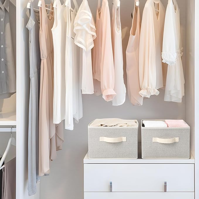 EITMOW Storage Baskets, 11-Inch Woven Fabric Bins, Storage Cubes with Reinforced Handles, Organizer Bins for Closet Shelves, Foldable, for Toys, Clothes, Natural Beige (3PCS/Beige-11*11*7.8inch)
