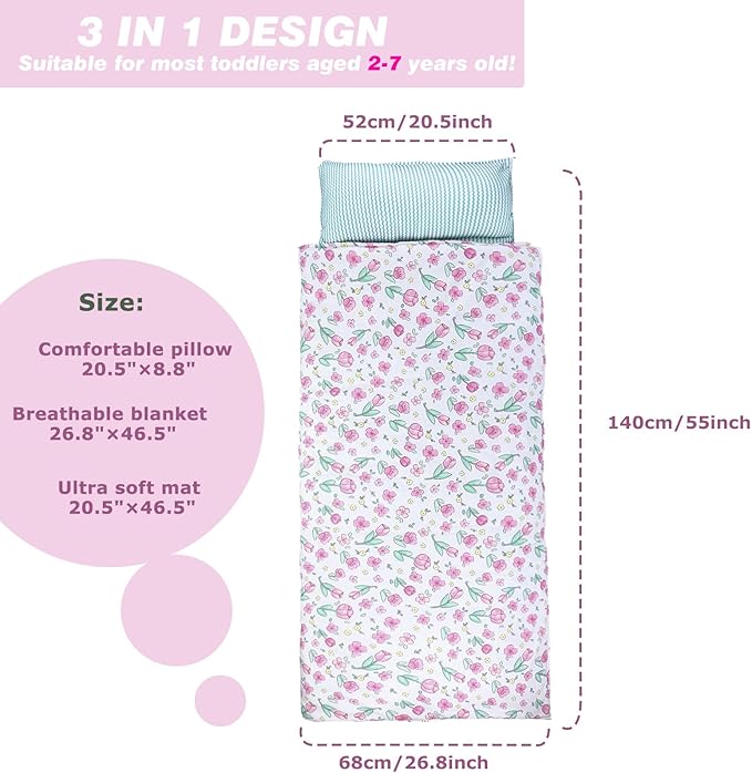 Hi Sprout Toddlers Nap Mat with Removable Pillow and Soft Blanket, Lightweight Daycare Preschool Kindergarten Sleeping Bag, Travel Slumber for Kids Girls Boys