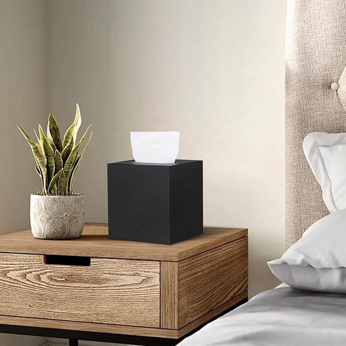 HOUSE DIARY Metal Square Tissue Box lid, Modern Facial Tissue Holder for Bathroom Vanity Tops, Bedroom Dressers, Nightstands, Desks, Offices (Black)