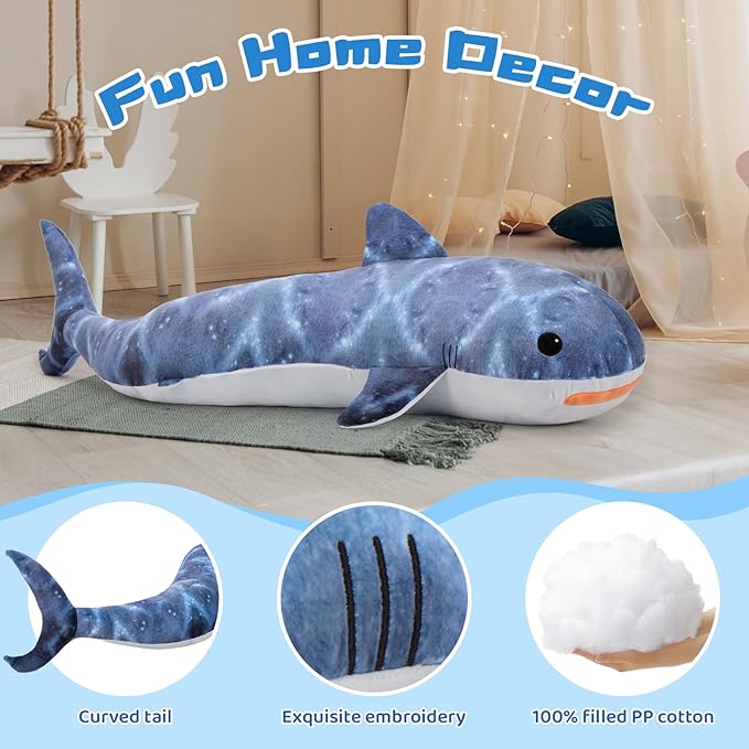 Tezituor 4ft Giant Whale Shark Stuffed Animal, S-Shape Stuffed Shark Plush Toy for Boys Girls, Hugging 47inches Soft Long Ocean Whale Shark Plush Body Pillow for Sleeping