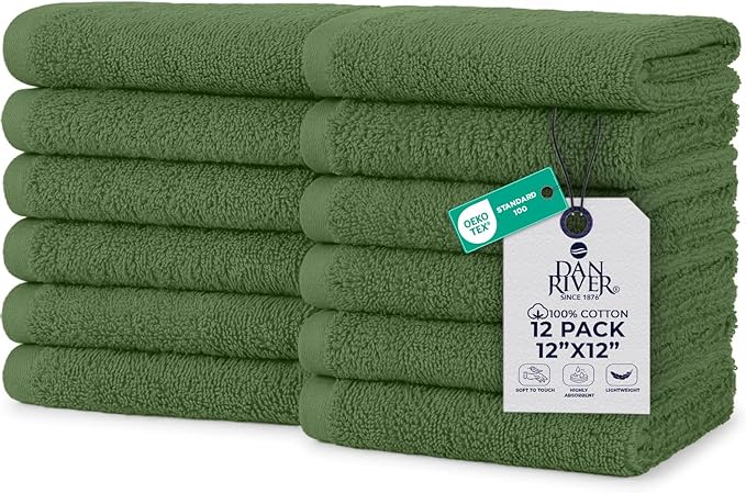 DAN RIVER 12 Pack Wash Cloths for Showering [12x12] - 100% Cotton Washcloths Premium Quality Flannel Face Cloths for Bathroom, Highly Absorbent and Soft Feel Wash Clothes, Sage Green