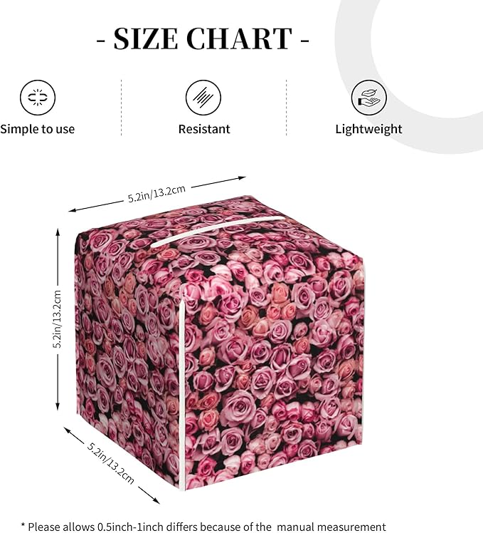 POIUBLE Pink Rose Flower Tissue Box Cover Leather Tissue Box Holder Square Facial Paper Organizer Dispenser for Bathroom Kitchen Bedroom Vanity Countertop Night Stands