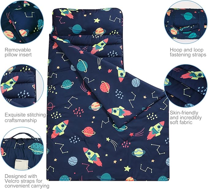 david's kids Toddler Nap Mat Set with Removable Pillow, Ultra Soft Slumber Bags for Boys Girls，Perfect for Preschool, Daycare, Kids Sleeping Bags with Rollup Design, 50"x20", Space & Star