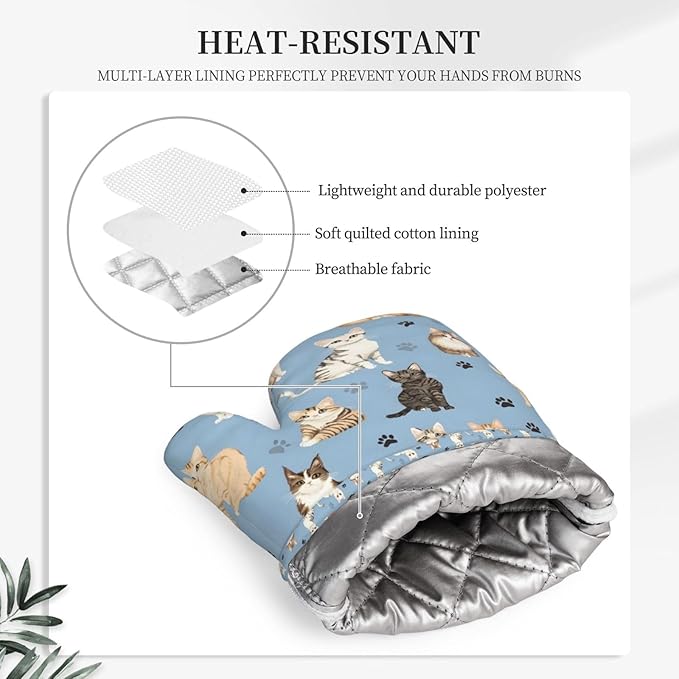 Oven Mitts 2 Pack, Silicone Kitchen Gloves, Heat Resistant with Non-Slip Grip and Soft Quilted Cotton Lining for Cooking Barbecue Backing (Cat)