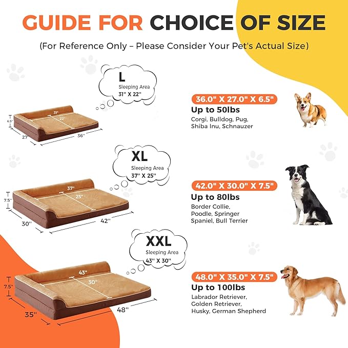 Aeroluxe Dog Bed Large Sized Dogs, Orthopedic Dog Bed for Large Dogs, Waterproof Pet Bed with Washable Removable Cover, L-Shaped Pet Couch with Portable Handle 36"x27"x6.5", Brown