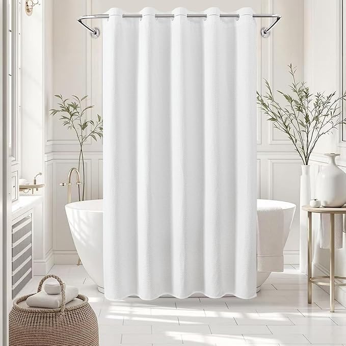 Zemyovia White Waterproof No Hooks Waffle Shower Curtain, 260GSM Heavy Duty Fabric, with 10 Durable Split Grommets, Luxury Hotel Spa Style for Bathroom, Machine Washable, 74 x 72 Standard Size