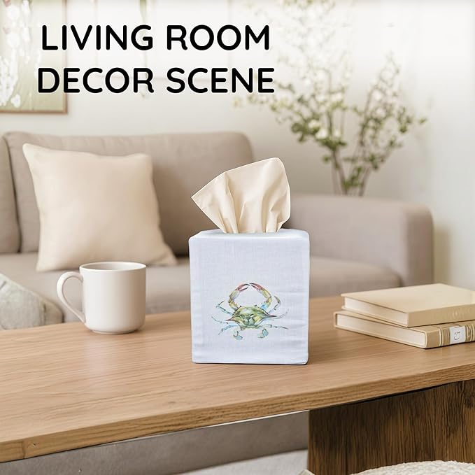 EmbroideryLinen.VN Tissue Box Cover Set of 2, Square Linen Tissue Holder, Printed Animal Pattern, 4.5x4.5x5.5 Inches, Decorative Holder for Bathroom, Living Room, Office (Blue & Green Crab)