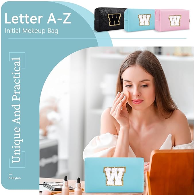Small Personalized Initial A-Z Preppy Patch Makeup Bag,PU Chenille Letter Travel Cosmetic Pouch with Zipper,Blue Cute Toiletry Bag,Gift Ideal for Teen Girls Women Teacher Bridesmaid,Letter W