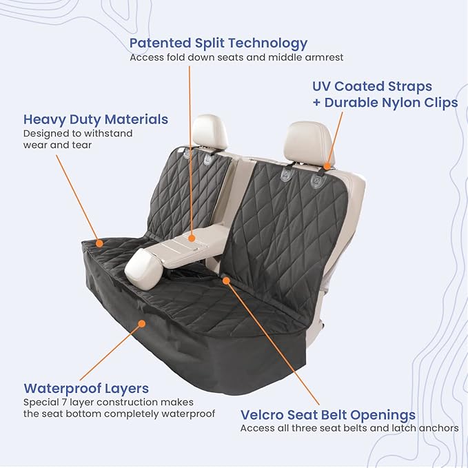 4Knines Dog Seat Cover for Back Seat, Heavy Duty Waterproof Rear Seat Protector for Large Trucks, SUVs, Cars - Fits 60/40 Split Bench with Middle Seat Belt, Non-Slip Backseat Cover (Extra Large, Grey)