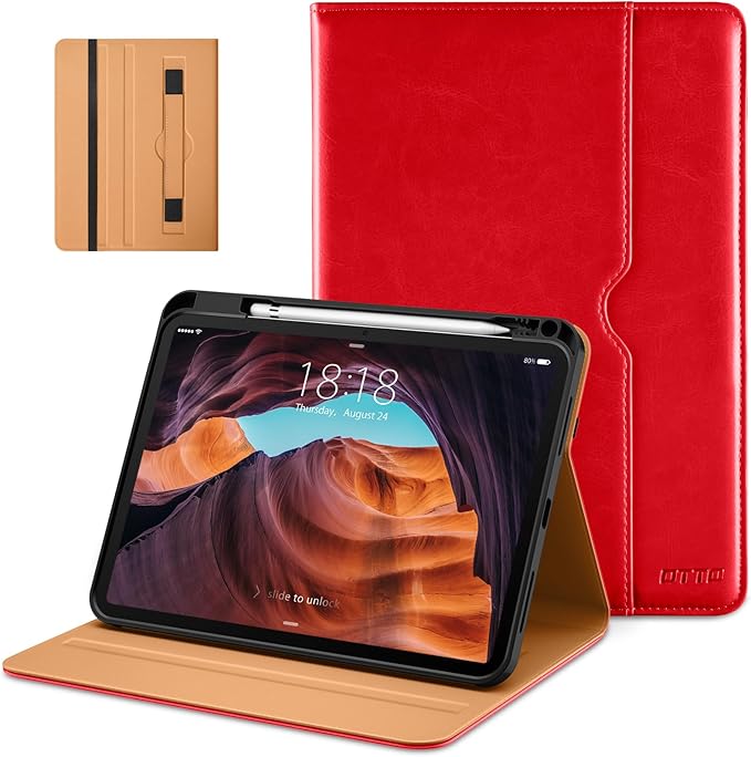 DTTO for iPad (A16) 11th Generation Case 11 Inch 2025, iPad 10th Generation Case 10.9 Inch 2022, Premium Leather Business Folio Stand Cover with Pencil Holder - Auto Wake/Sleep, Bright Red