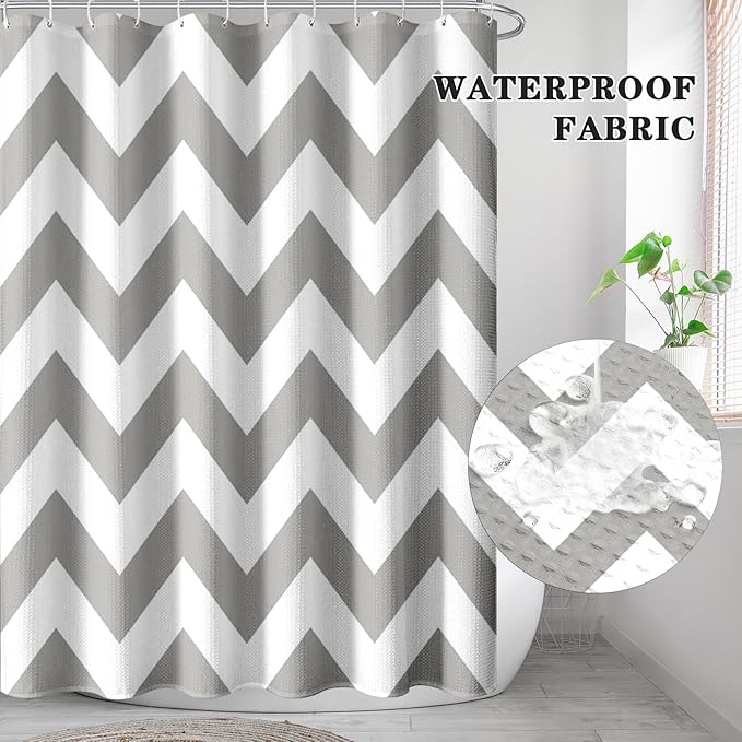 Culudea Chevron Striped Modern Gray White Shower Curtain Set, Wave Zig Zag Minimalist Herringbone Farmhouse Bathroom Window Waffle Cloth Waterproof Shower Curtains for Bathroom Decor