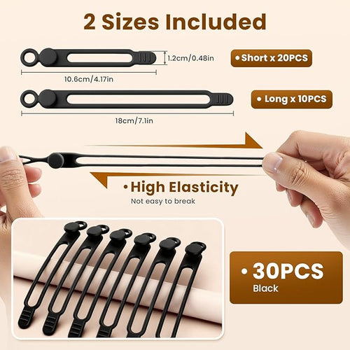 30 Pcs Silicone Cable Ties, Reusable Data Cable Organizer Wire Organizers for Office, Multipurpose Elastic Cord Wraps Cable Management for Charging Cord,Appliances,Home,Office,Kitchen,School,Travel