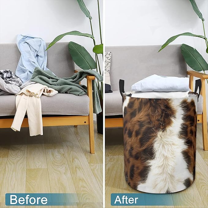 Laundry Basket Brown Cow Print Collapsible Laundry Hamper with Handles Clothes Storage Bin for Household Bedroom Bathroom College Dorms