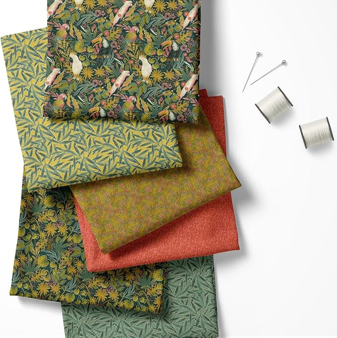 Tropical Patchwork Fabric Panel 100x155 cm – 100% Cotton Satin, 6 Coordinated Botanical & Bird Prints on One Continuous Sheet (Wild Tropics, 6pcs 50x50cm)