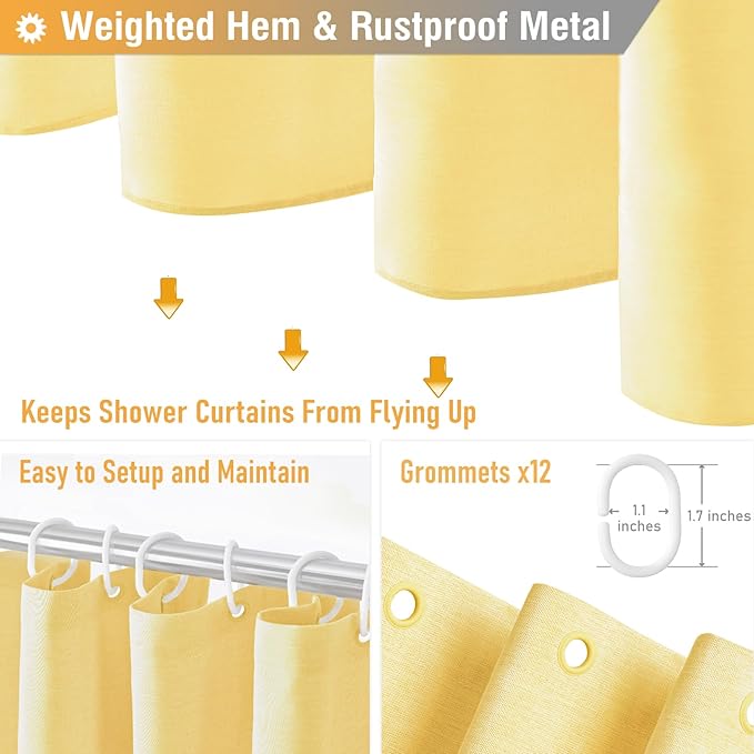 BTTN Fabric Shower Curtain, Linen Textured Heavy Duty Polyester Cloth Shower Curtain Set with Plastic Hooks, Yellow, 72" W x 84" L (Pack of 1)
