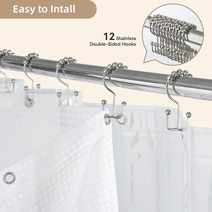 Lameirose White Shower Curtain and Liner, 3 in 1 Waffle Shower Curtain Set with 12 Double Sided Shower Curtain Hooks, Fabric Shower Curtains for Bathroom 72 x 72