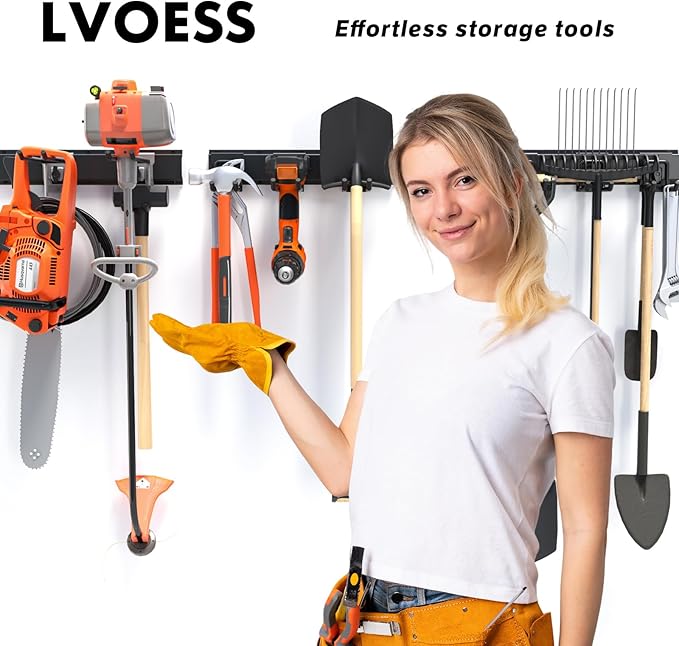 Lvoess 48" Garage Tool Organizer Wall Mount, 440lbs Heavy Duty Metal Storage Rack | Adjustable Hooks Garden Tool Organization System | Anti-Rust Shed Holder for Hanging Rake, Broom, Shovel, Snowboard