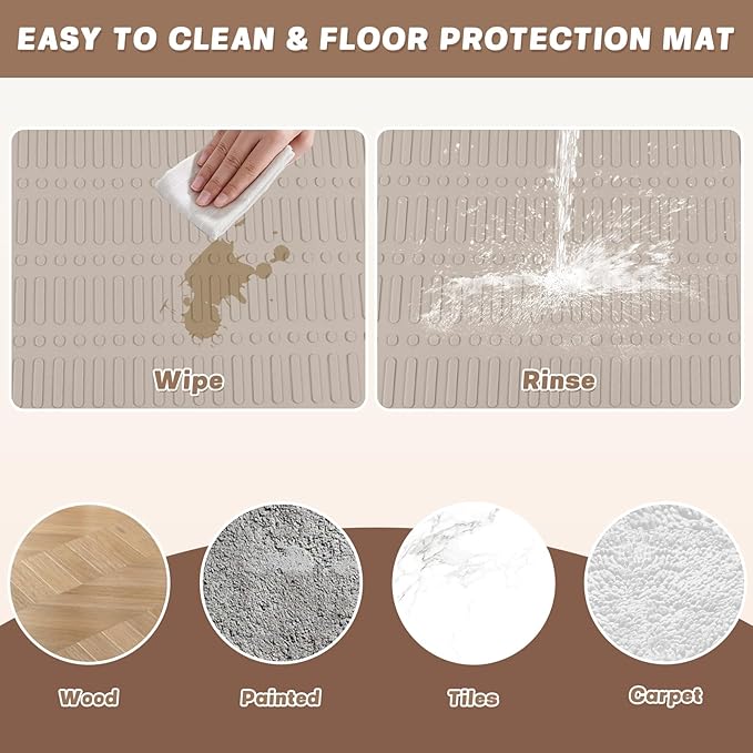 47" x 35" Silicone Dog Food Mat, Waterproof Pet Feeding Mat with Raised Edge, Extra Large Dog Bowl Mat Non-Slip Water Bowl Placemats for Dogs, Protects Floors, Easy to Clean (Beige)