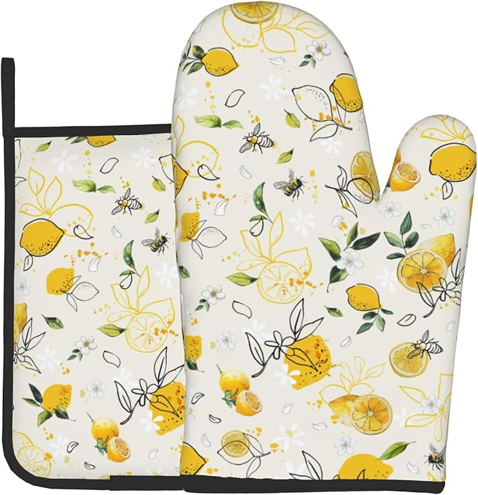 Lemon Oven Mitt & Pot Holder Set of 2，Spring Watercolor Floral Heat Resistant Kitchen Gloves Potholder Summer Fruit Cooking Gloves Pan Mats for Baking, Grilling, Kitchen，Outdoor