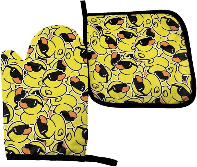 Funny Rubber Duck with Sunglasses Oven Mitts and Pot Holders Insulated Gloves & Kitchen Counter Safe Mats for Cooking BBQ Baking Grilling (2-Piece Set)