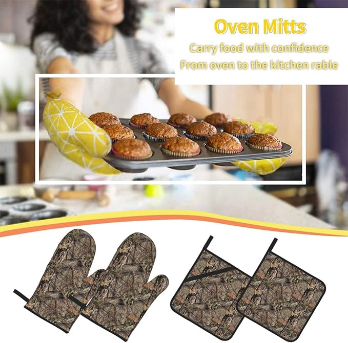 Camo Camouflage Forest Oven Mitts and Pot Holders Set of 4, Oven Mittens and Potholders Heat Resistant Gloves for Kitchen Cooking Baking Grilling BBQ