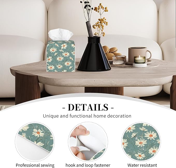 POIUBLE Leather Tissue Box Holder White Daisy Tissue Box Cover Square Waterproof Tissue Holder Organizer Modern Napkin Holder for Bedroom Dresser Night Stand Office Desk
