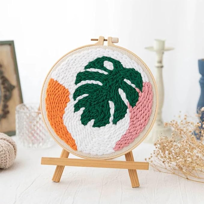 Allazone 3 Set Punch Needle Embroidery Starter Kits for Beginners, Include Punch Needle Fabric with Leaf Pattern, Yarns, Embroidery Hoops, Threader Tools and Instructions (Leaf)