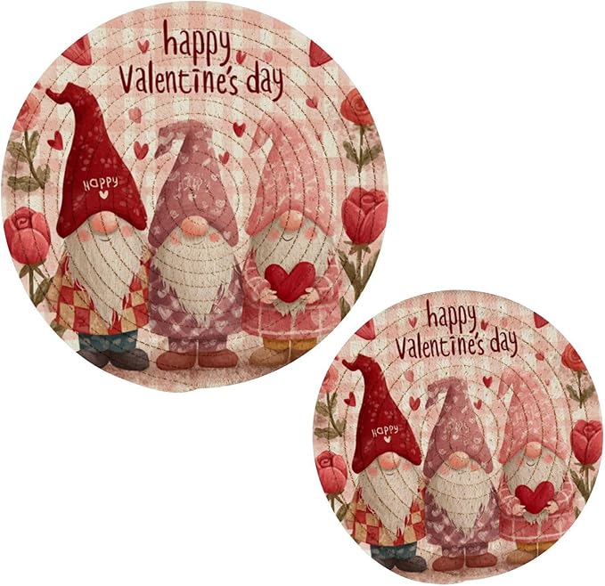 Valentine's Day Gnomes Trivet Mat 2PCS Hearts Round Woven Potholders Kitchen Table Countertop Protector Hot Pads Farmhouse Coasters Counter Mats for Cooking Baking