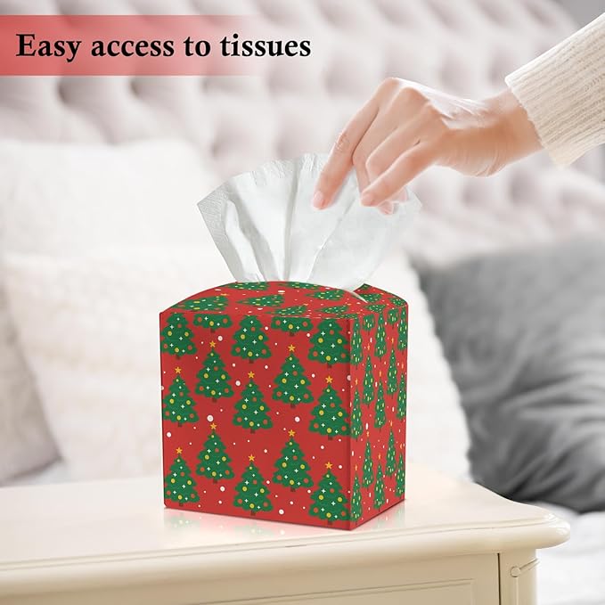 Christmas Trees Tissue Box Cover, Leather Tissue Holders Decorative for Home Office Kitchen Bathroom Organizer, Square Facial Paper Organizer Christmas Table Decor -034