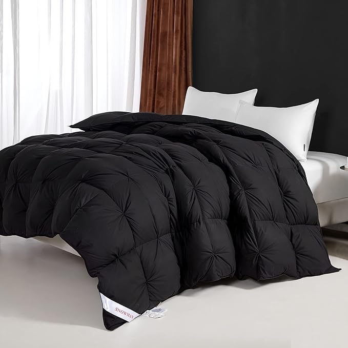 SNOWMAN Premium Down Comforter Queen Size, Luxurious All Season Duvet Insert with Cotton Blended Fabric, Pinch Pleat Design Hotel Bedding Comforter (Black,90"x90")